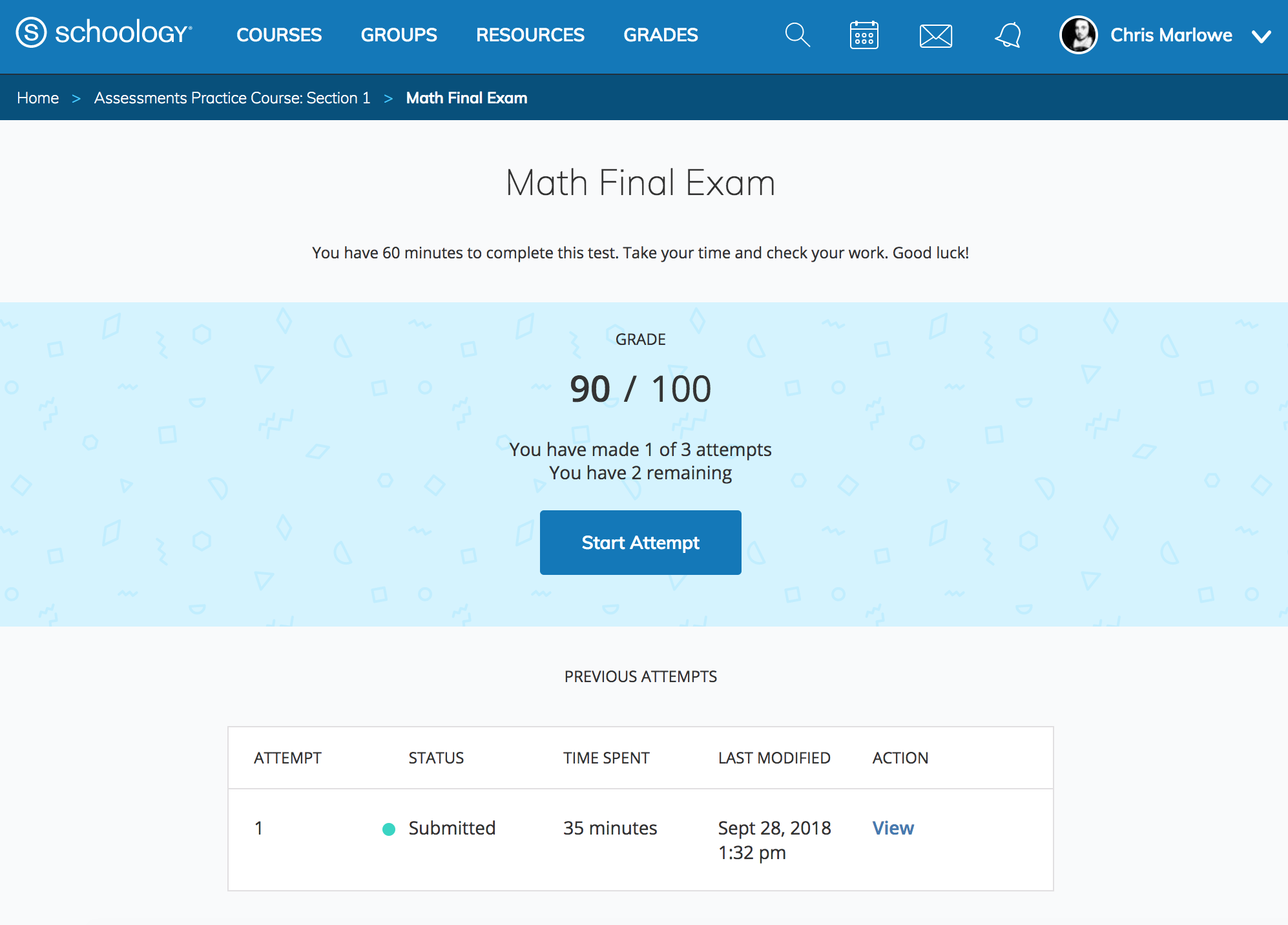The Grades area displaying assessment details.