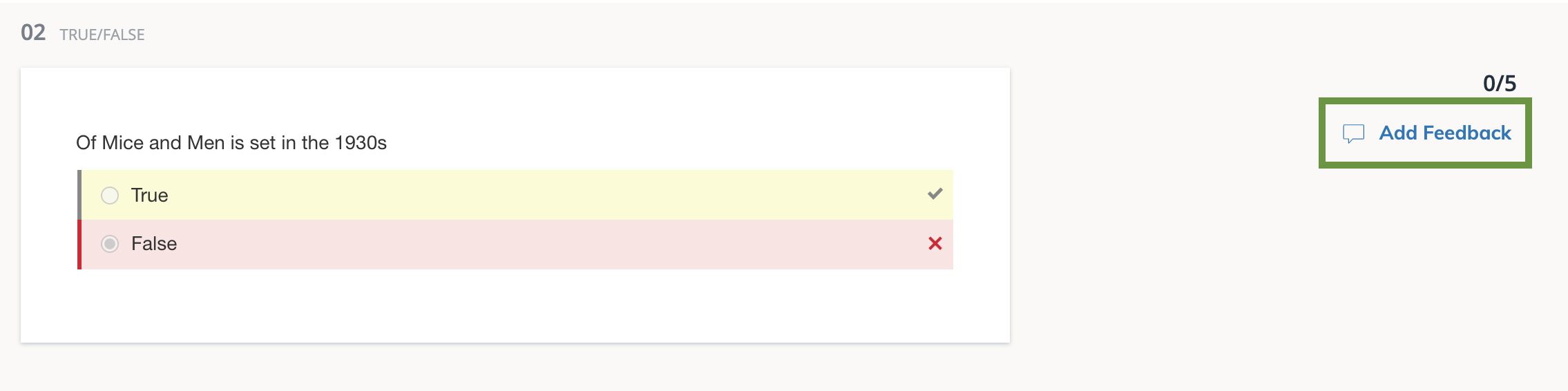 A student response with the option to Add Feedback highlighted.