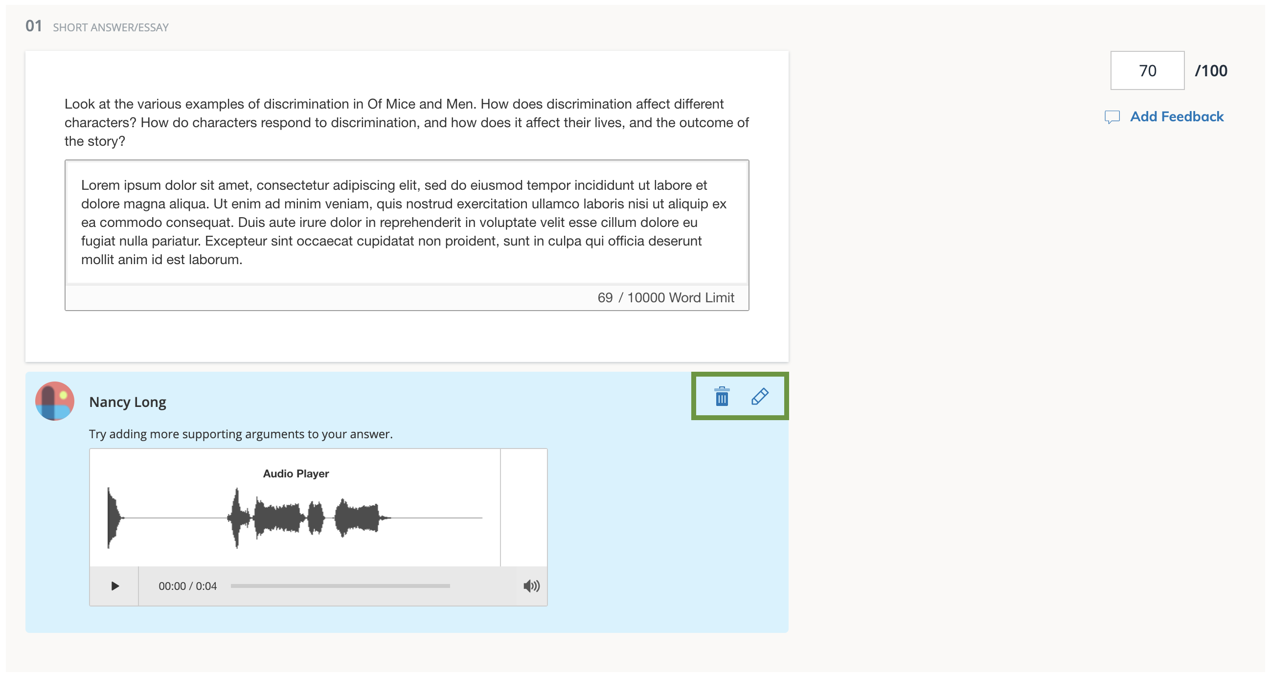 Saved feedback with the options to edit or delete highlighted.