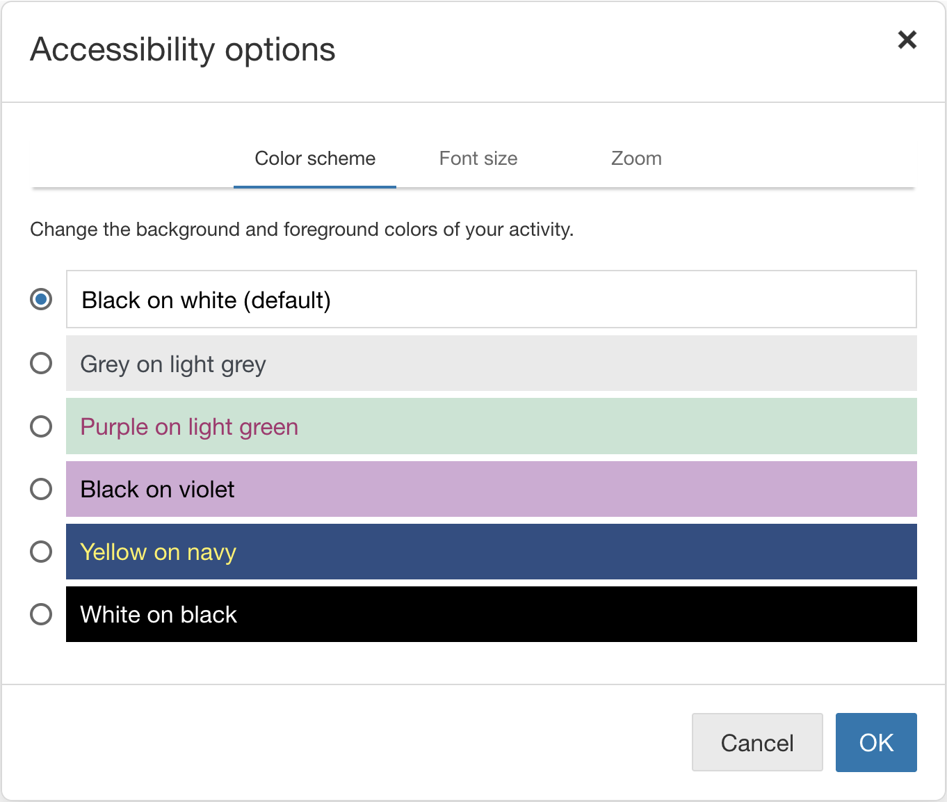 Color scheme options from Accessibility options