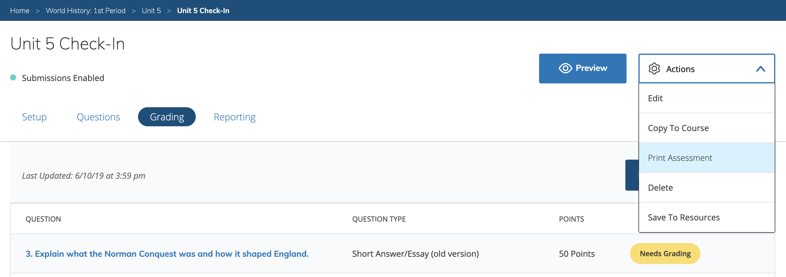 a course assessment page showing the Actions menu open, with the Print Assessment option selected