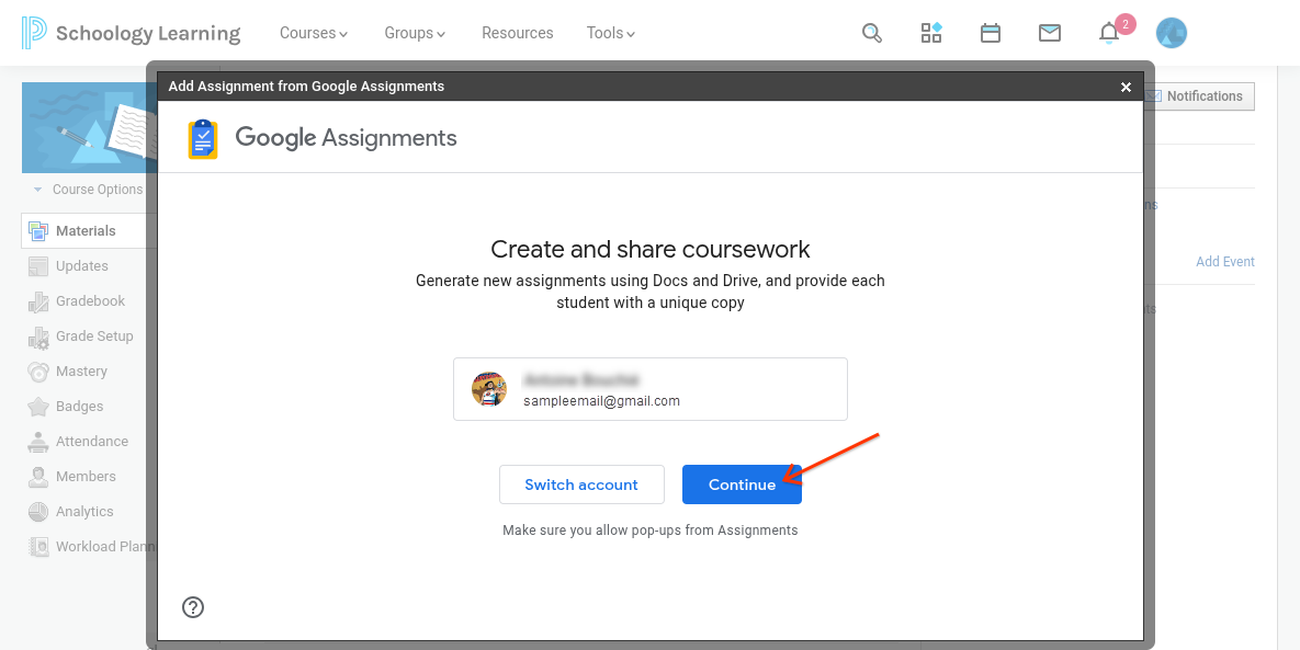 Google Assignments modal with option to review or switch accounts and continue