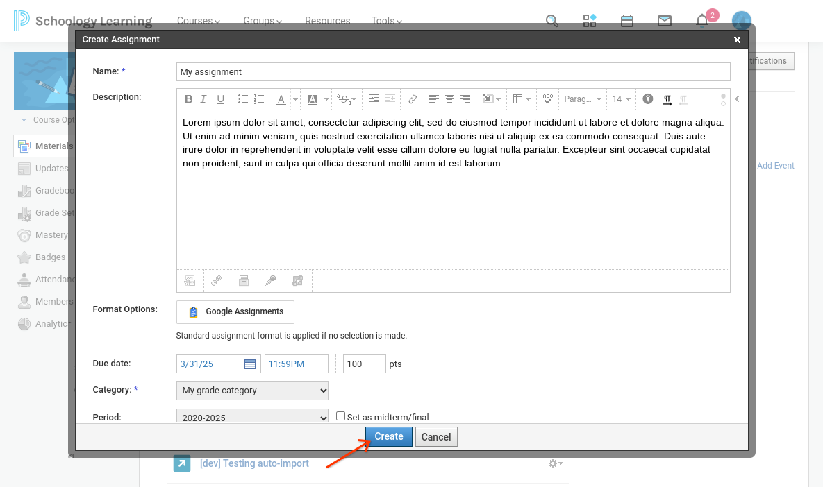 Assignment creation window showing entered details and option to Create