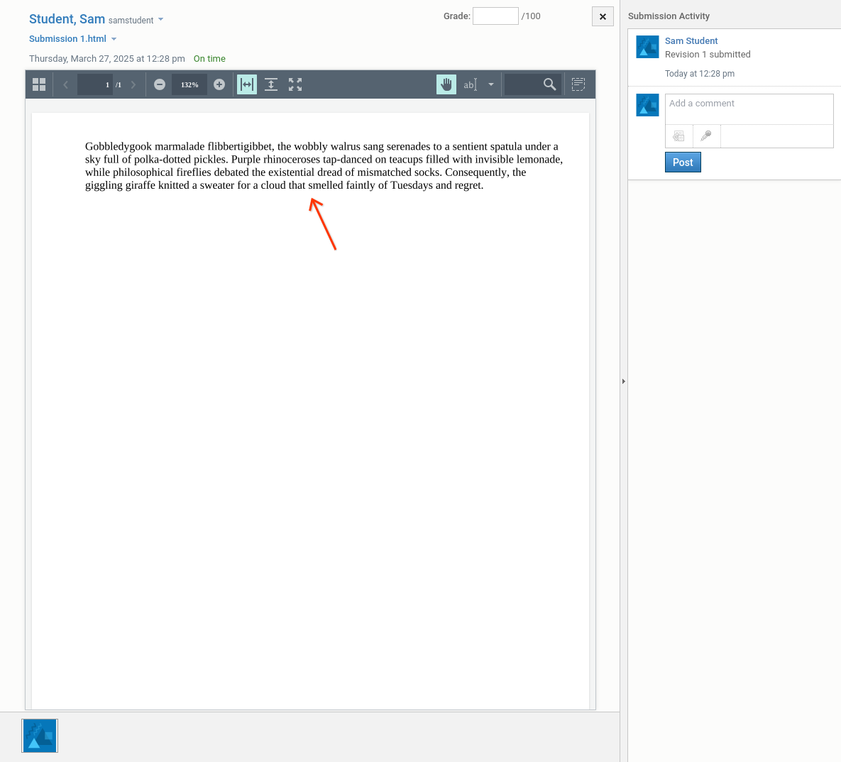 Grading options for student submissions, including grade entry, submission details, and comments