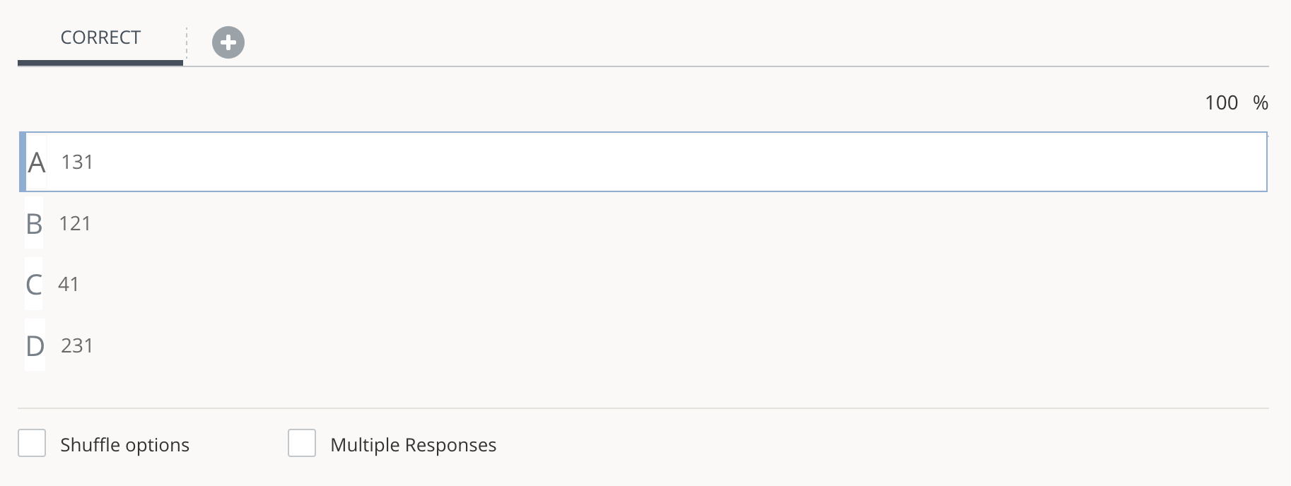 Correct answer set up with a block layout and one column