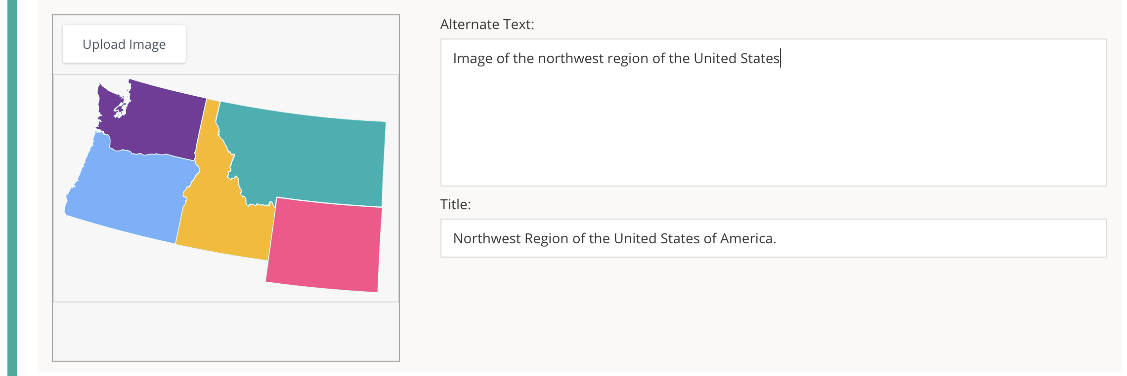 The Question setup area with an uploaded image and alt text and a title entered.