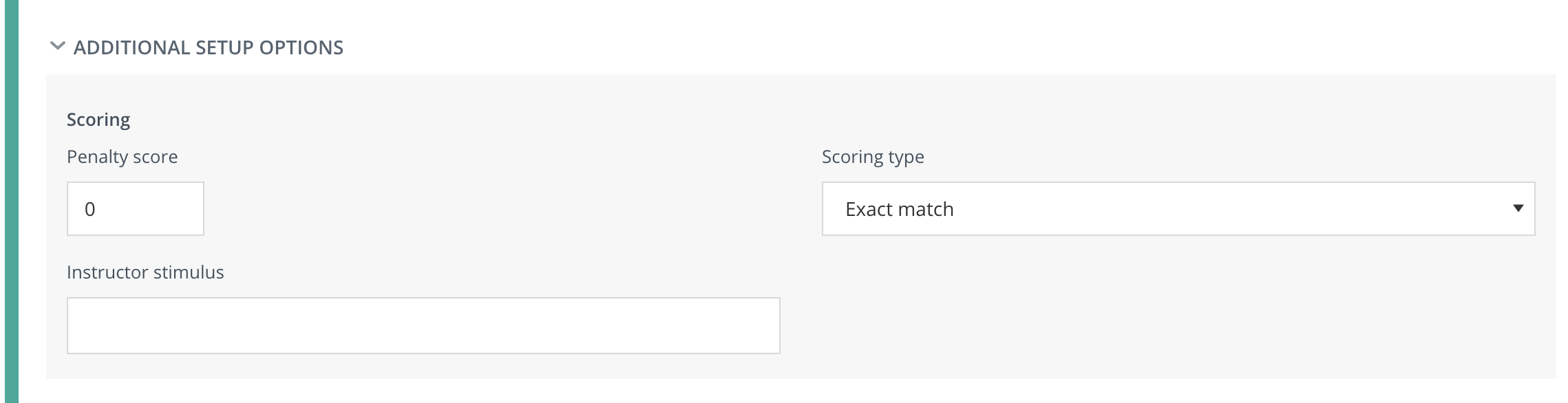 Additional setup options including penalty score, scoring type, and instructor stimulus