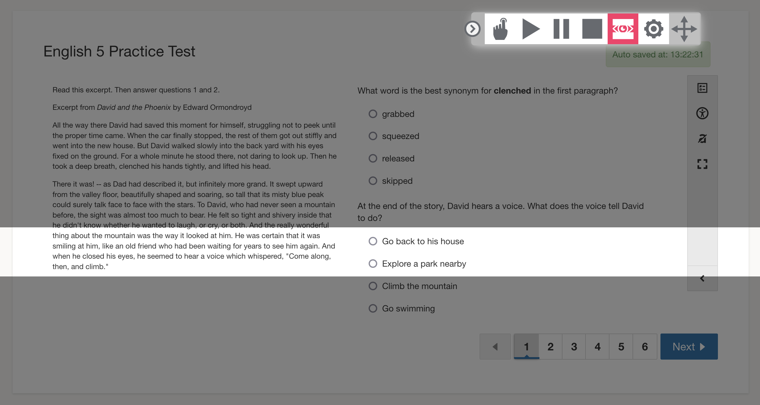 A practice test with the screen masking option turned on.