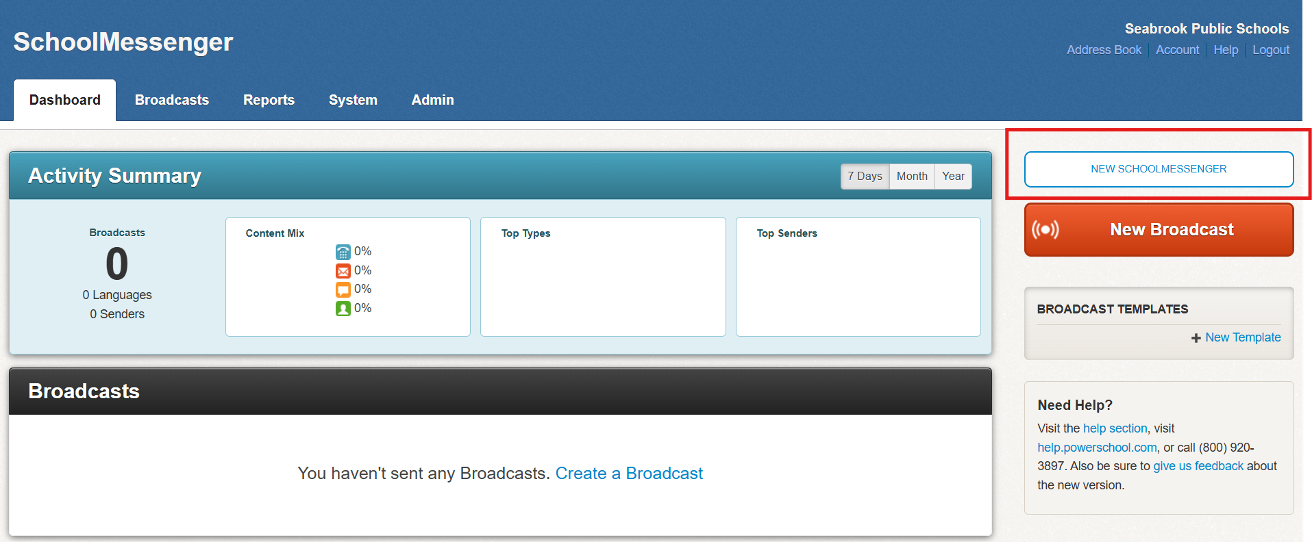 Shows the legacy SchoolMessenger dashboard with a red sqaure to highlight the 'New SchoolMessenger' shortcut button.