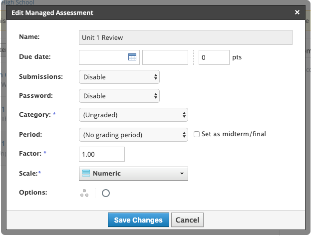 Edit managed assessment modal settings