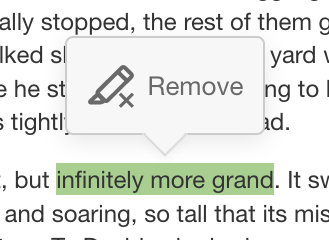 a highlighted section of text with the Remove option visible, allowing the student to un-highlight the text