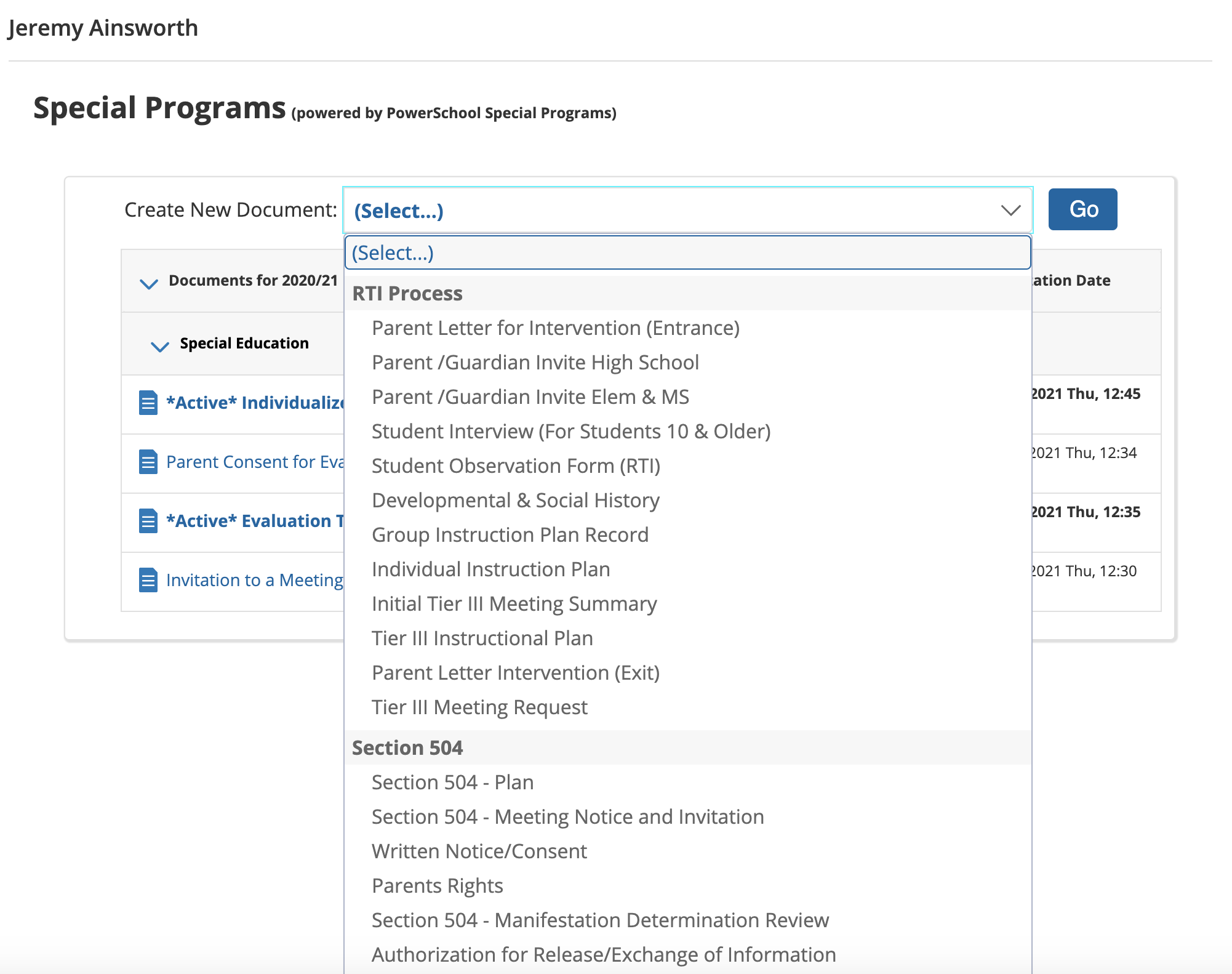 The list of options from Select...