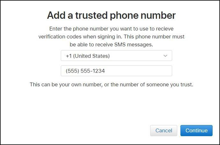 Add a trusted phone number window