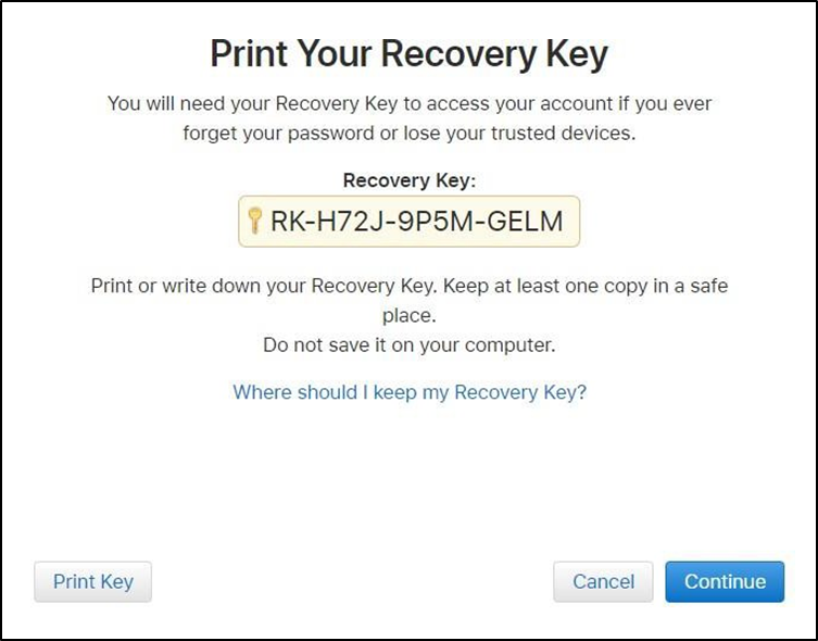 Print your recovery key window