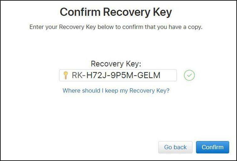 Confirm recovery key window