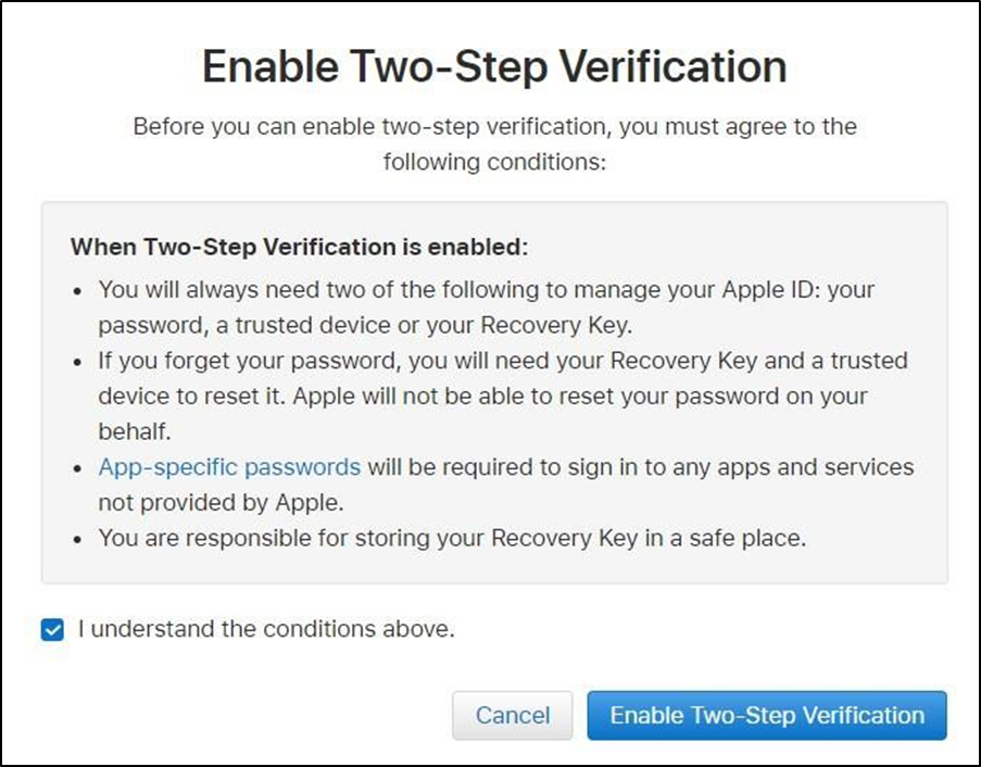 Enable Two-Step Verification window