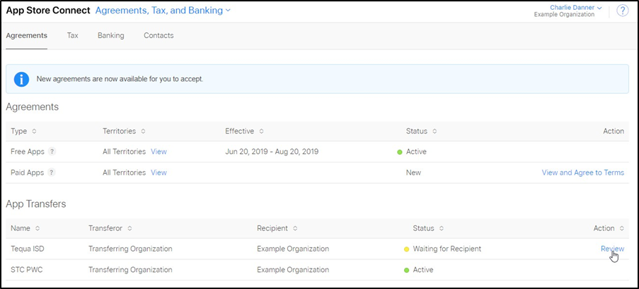 App Store Connect - Agreements, Tax, and Banking page