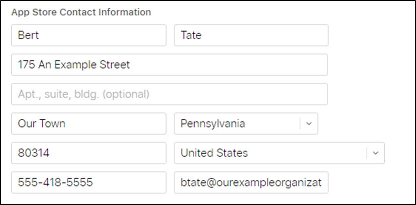 App Store Contact Information page