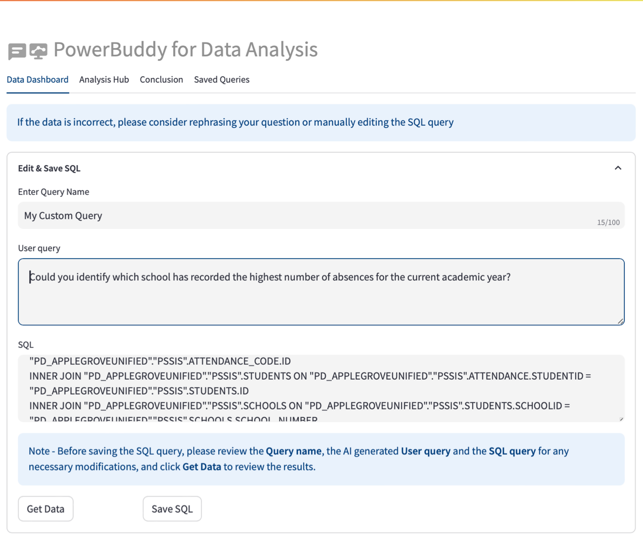 Image of the Edit and Save SQL section.