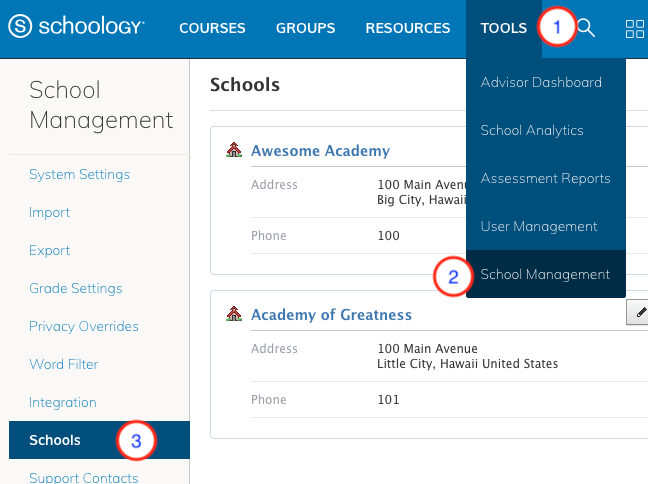 Schools Management Schools page navigation. 