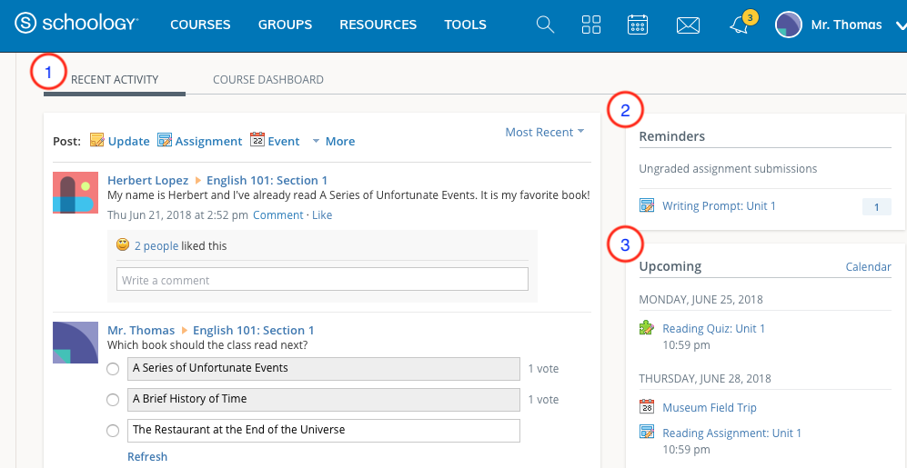 Schoology Home Page with screen elements highlighted.