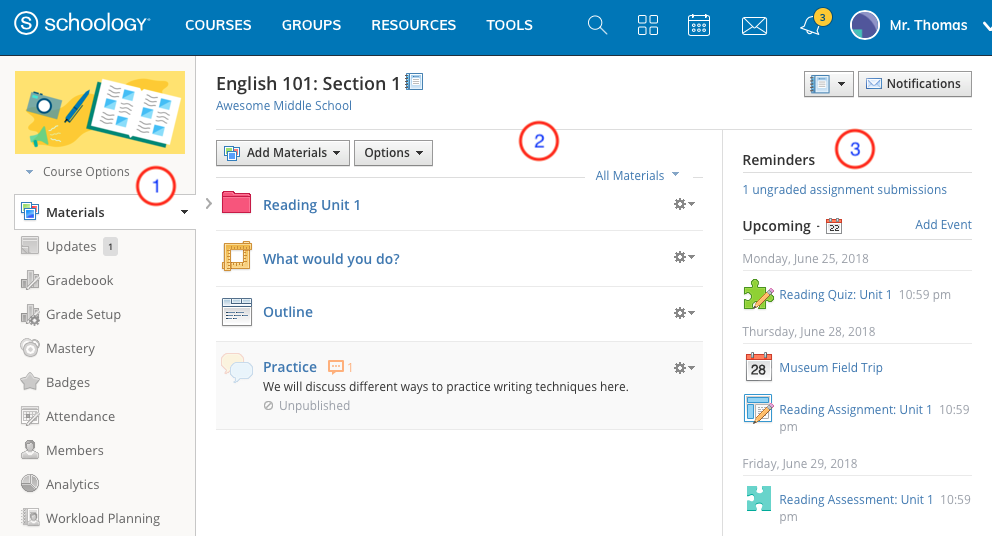 Schoology Course Profile page with screen element highlighted.