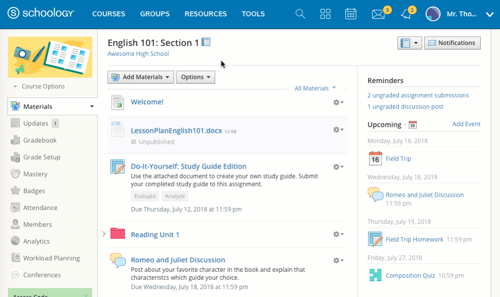 Make your Updates Area the default page of your course by selecting Updates from your Course Options page.
