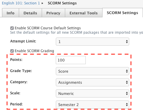 Default grading information for SCORM items.