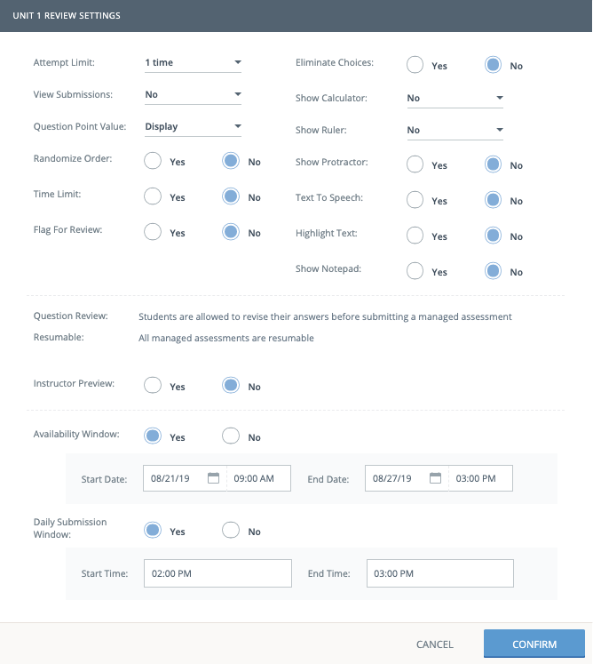 The Managed Assessment Settings Page.