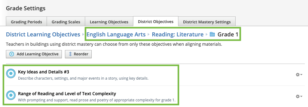 Example of the import results in the District Objectives library.