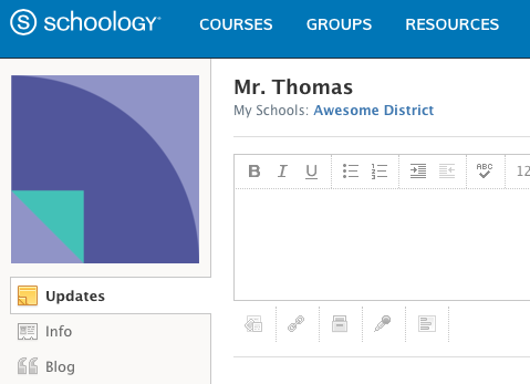 Image of a Teacher account at the organization level displays only the organization name. 