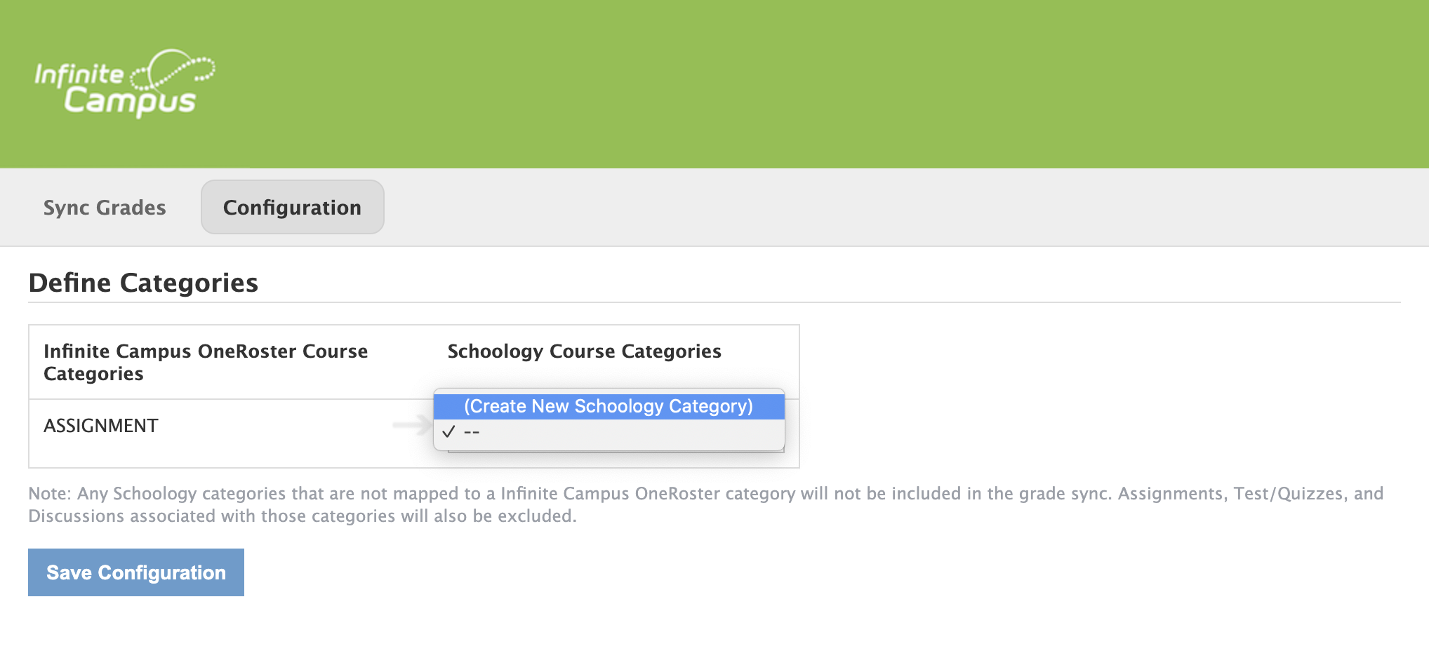 Infinite Campus Define Categories screen example.