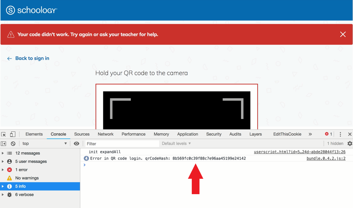 Browser Developer tools console displaying the unique identifier for the QR code.