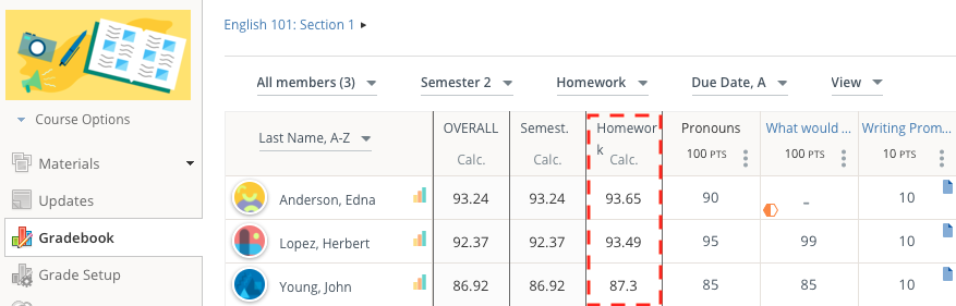 The category, Homework, was selected, and now a Homework column is listed in the Gradebook page. 