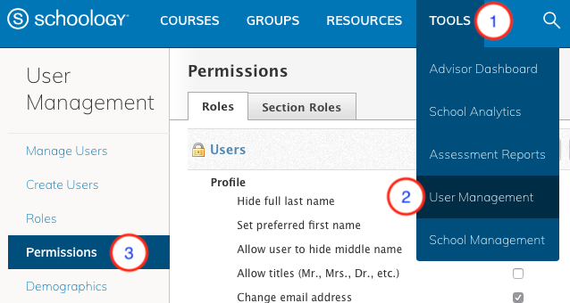 User Management page with Permissions highlighted.