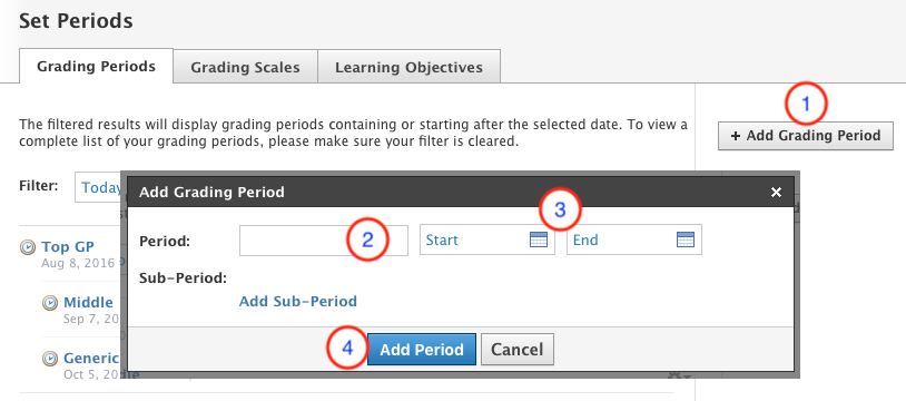 Set Periods page with Add Grading Period highlighted. 