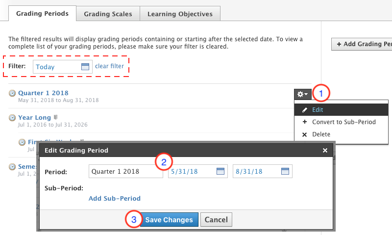Edit a grading period with the gear icon selected.