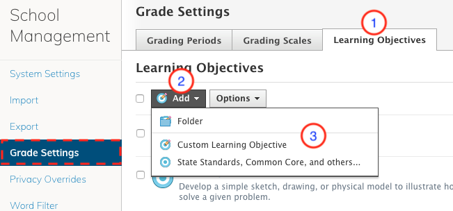 Grade Settings with Learning Objectives tab selected.