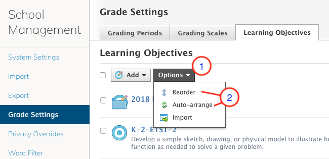 Learning Objectives tab with Options menu displayed.