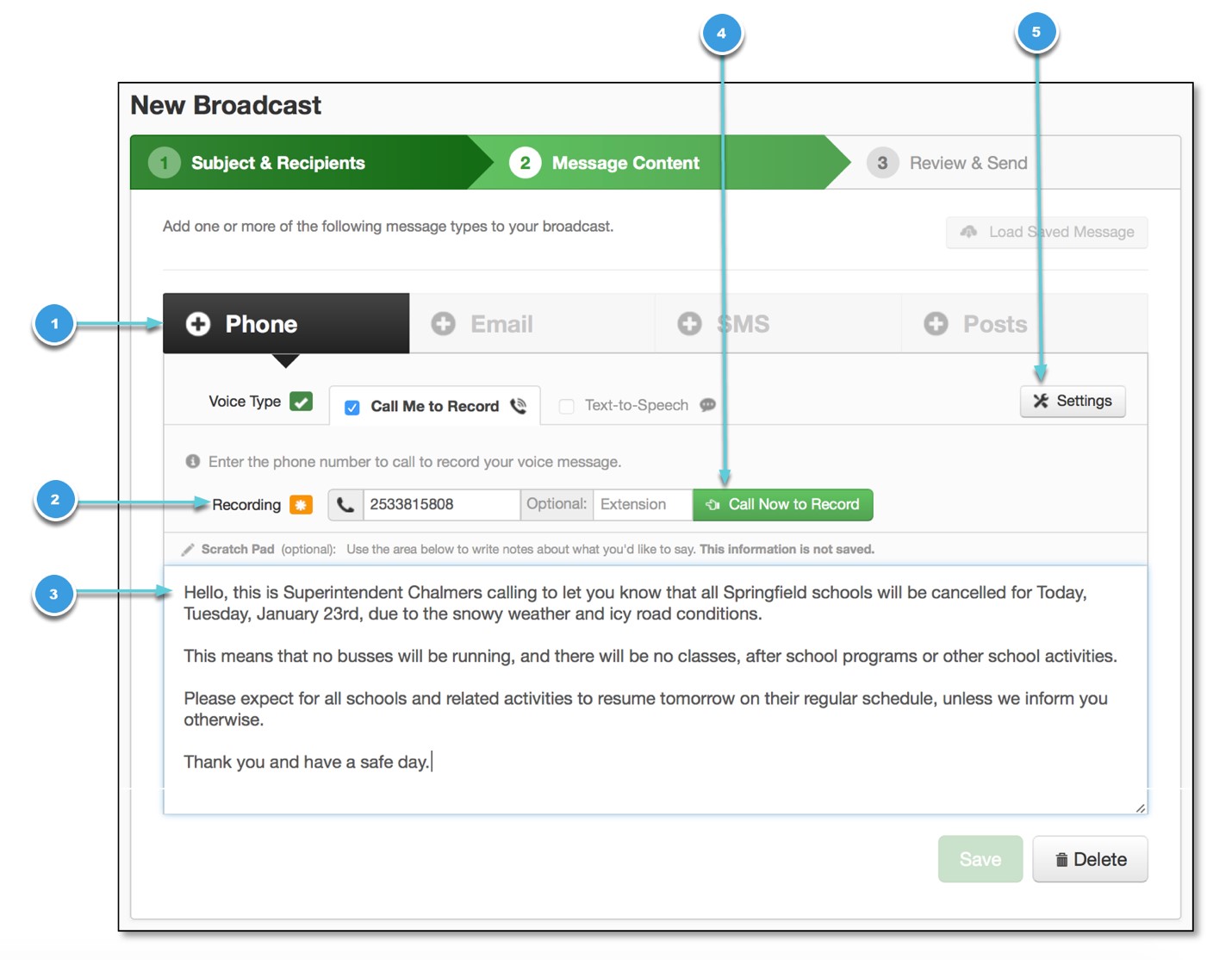 New Broadcast - Message Content window