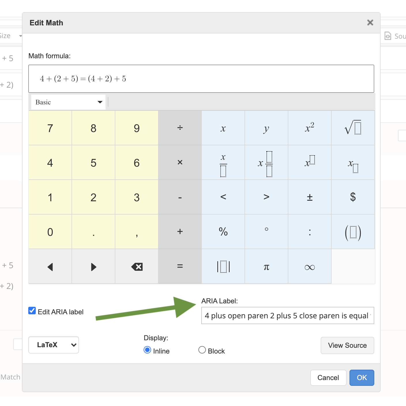 The math editor displaying the options to select and change the ARIA label.