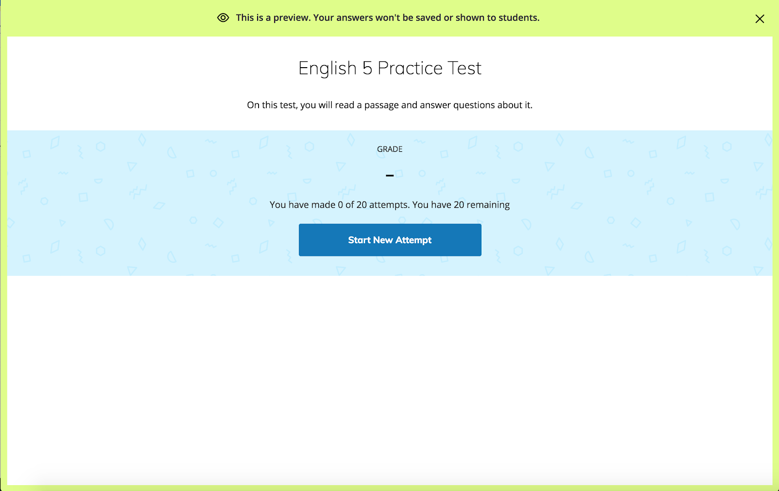 An example of a preview page with the option to Start New Attempt