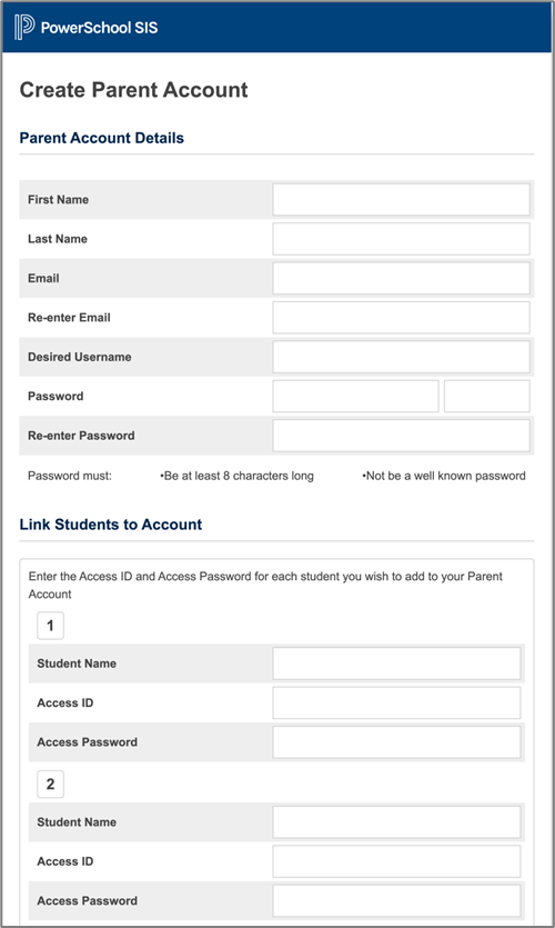 The form that parents must fill out to create their account with options to link students by entering Web Access details.