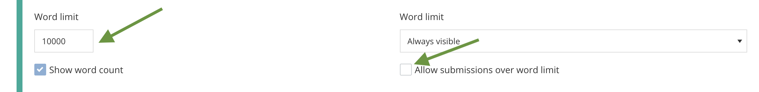 The word limit field with a number entered, a display option selected, and an option to allow submission over word limit 