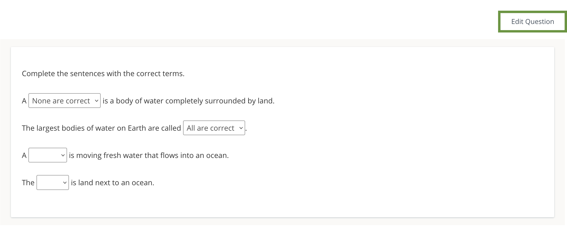 A question preview highlighting the option to edit.