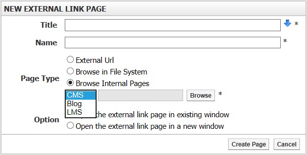 New External Link Page window