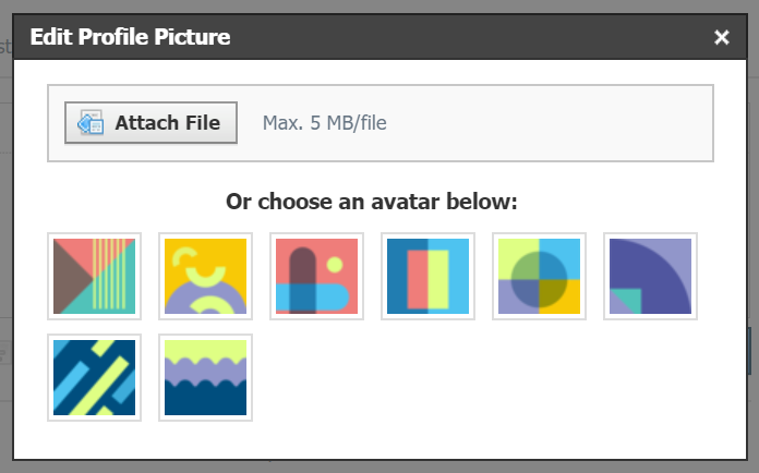 The options to Attach file or choose an avatar from Edit Profile Picture