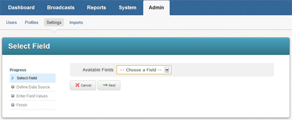 Admin - Seetings - Select Field window