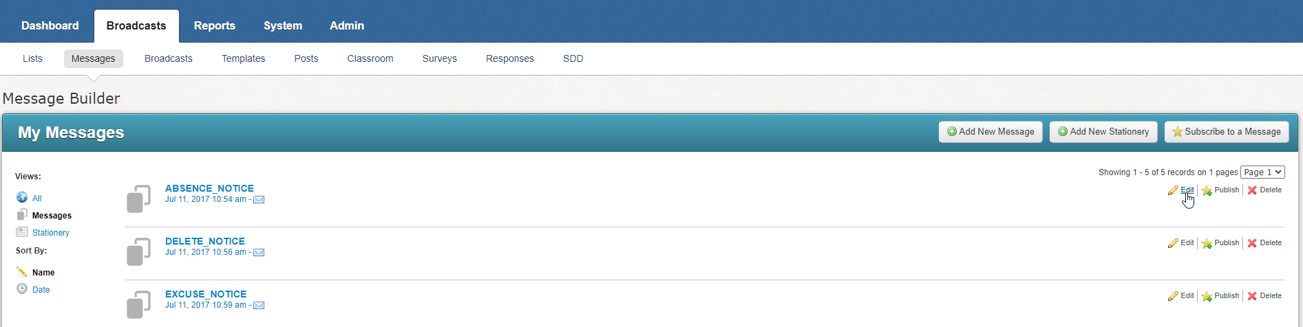 Broadcasts tab