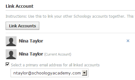 The Link Account section of the Settings page with the option to Select a primary email address for all linked accounts selected